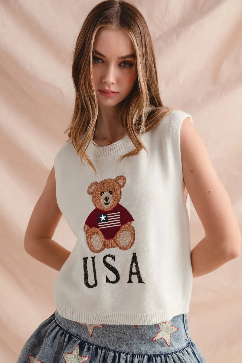 SO ME Teddy Bear Wearing An American Flag With Usa Embroidered Sweater Vest - Velora