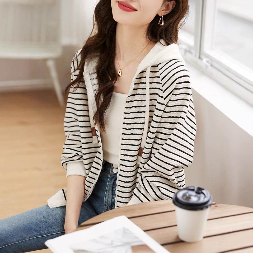 Simple Striped Commuter Hoodie Coat - Velora