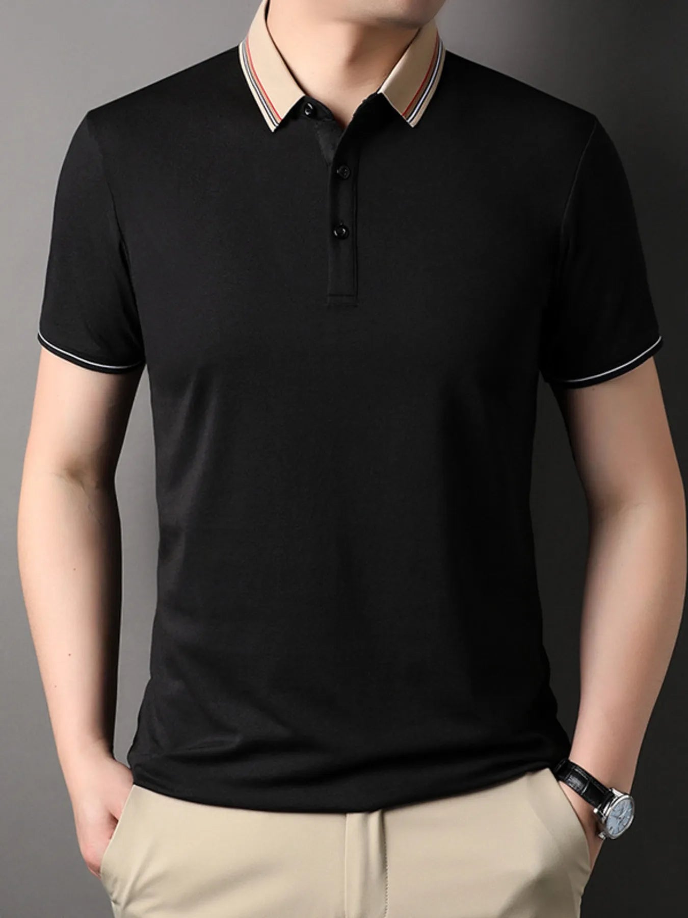 Men's Plus Size Striped Collar Short Sleeve Casual Polo Shirt - Velora