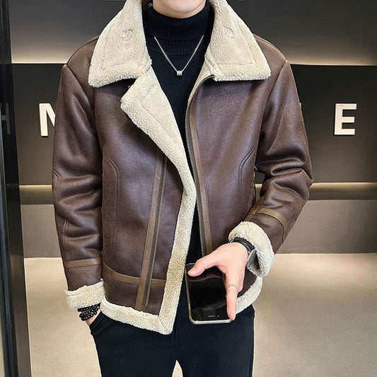 Fur Integrated Motorcycle Jacket Men's Fleece-lined Thickened Leather Jacket - Velora