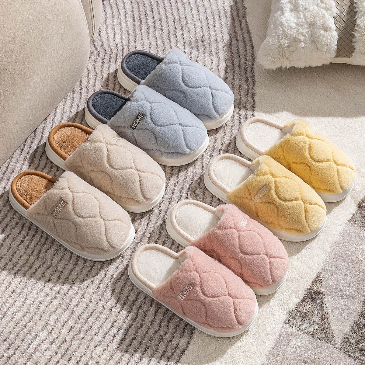 Plush Slippers Winter For Women Indoor Floor Bedroom Home Slipper Warm Solid House Shoes Men Couple - Velora