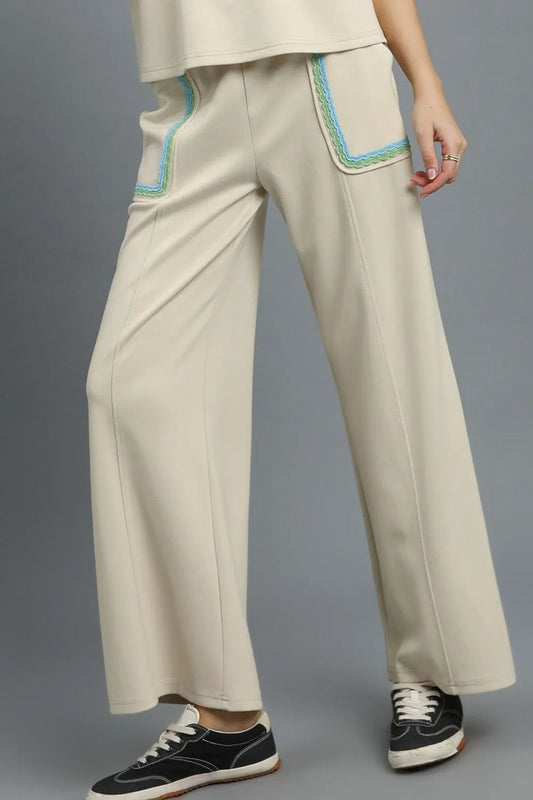 Umgee Drawstring Wide Leg Pants with Scallop Trim Detail - Velora