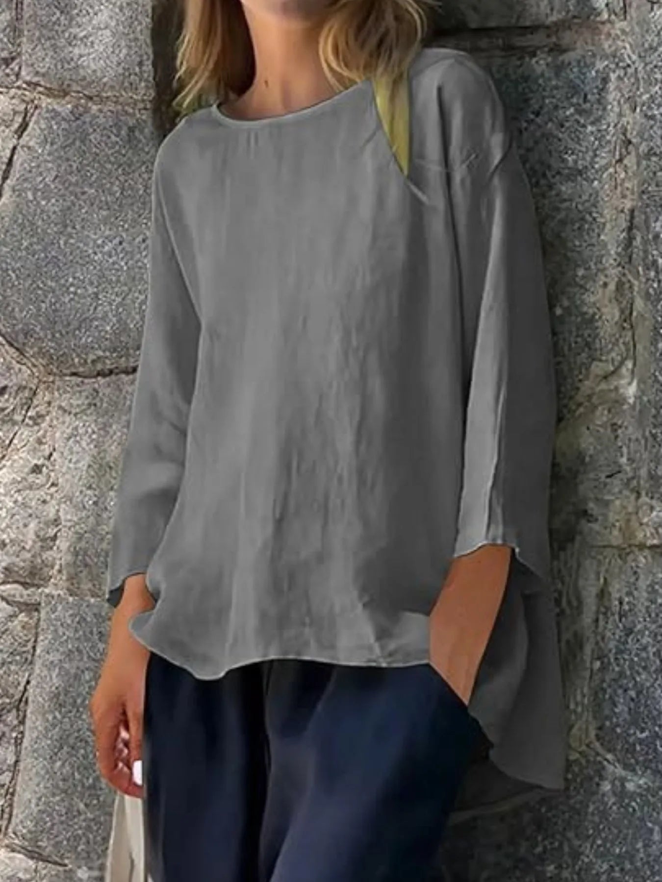 Full Size Round Neck Relaxed Fit Blouse Plus Size - Velora