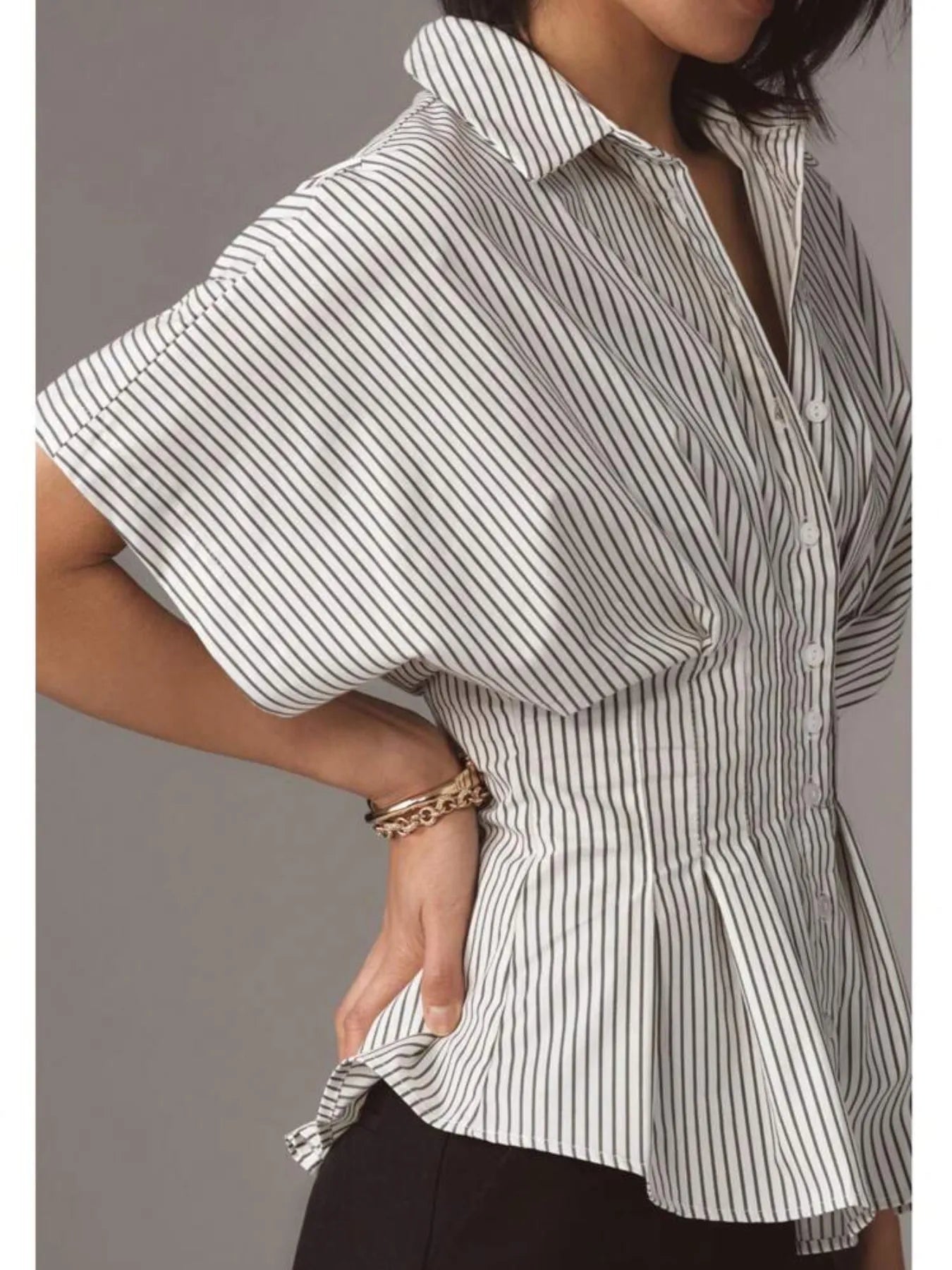 Striped Short Sleeve Button-Up Shirt - Velora