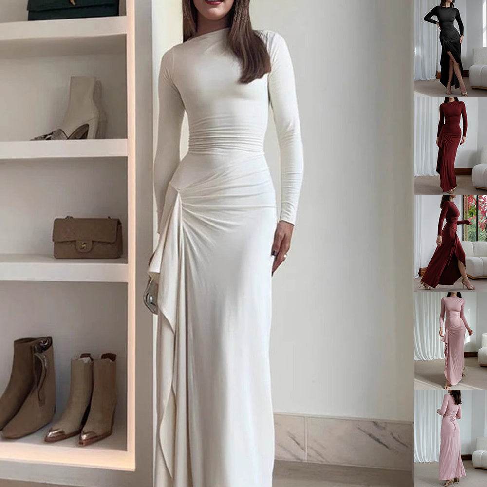 Slim-fitting Long-sleeved Asymmetric Split Dress Ins Fashion Solid Color Long Dresses For Women - Velora