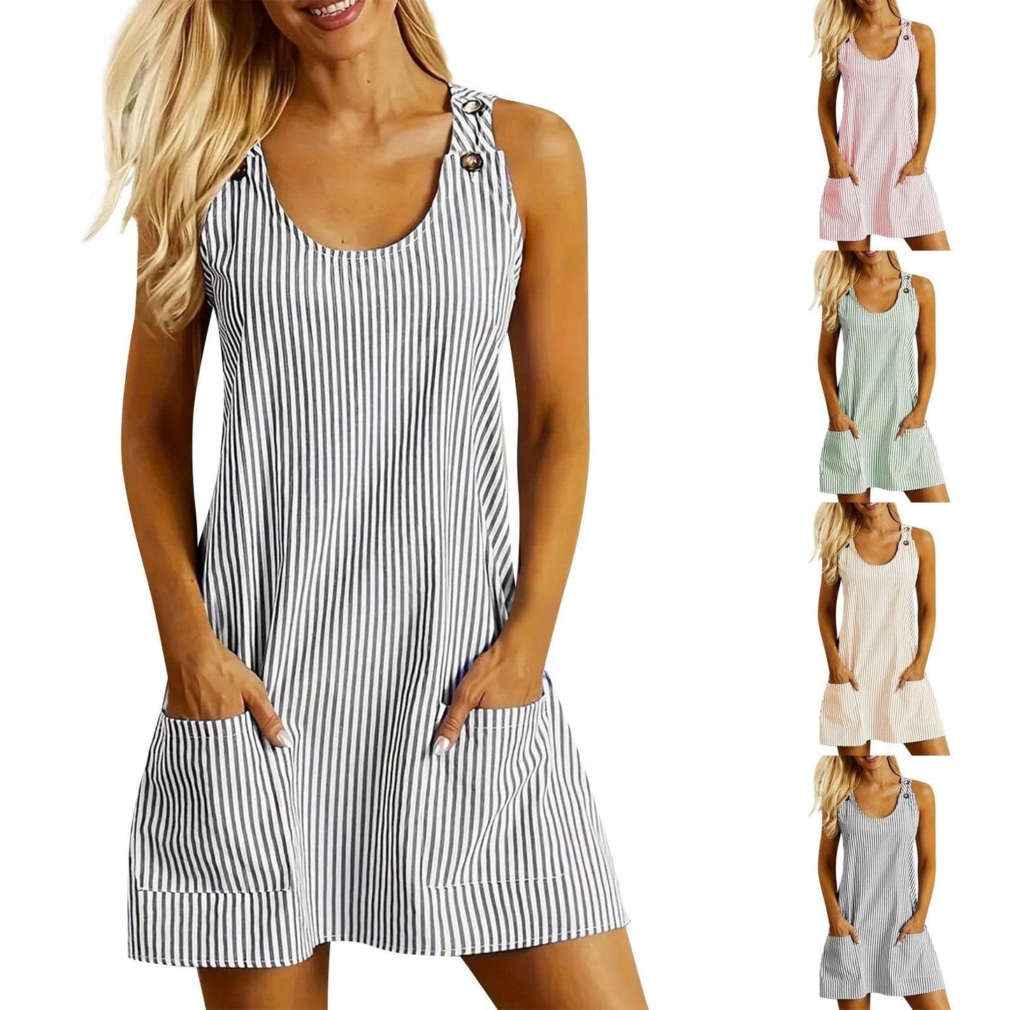 Summer Fashion Striped Patchwork Commuting U-Neck Sleeveless Pockets Back Button Casual Straight Slimming Mini Dress For Women - Velora