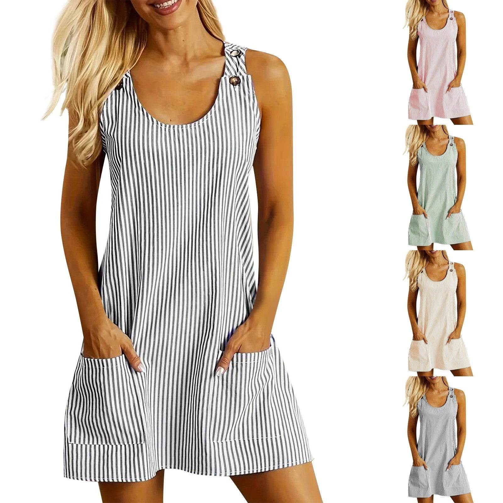 Summer Fashion Striped Patchwork Commuting U-Neck Sleeveless Pockets Back Button Casual Straight Slimming Mini Dress For Women - Velora