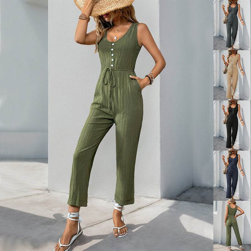 V-neck Sleeveless Jumpsuit With Belt And Pockets Summer Fashion Beach Pants Women's Clothing - Velora