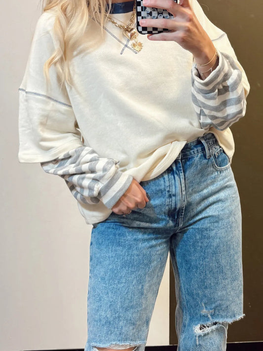 Striped Patchwork Long Sleeve Round Neck Two-in-one Top - Velora
