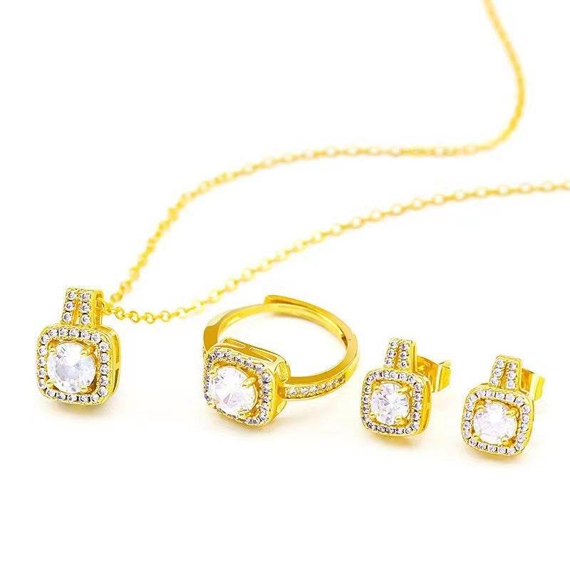 Fashion Jewelry Set Zircon Gem Pendant Chain Choker Necklace For Women Gold Color Stud Earring Statement Wedding Ring - Velora