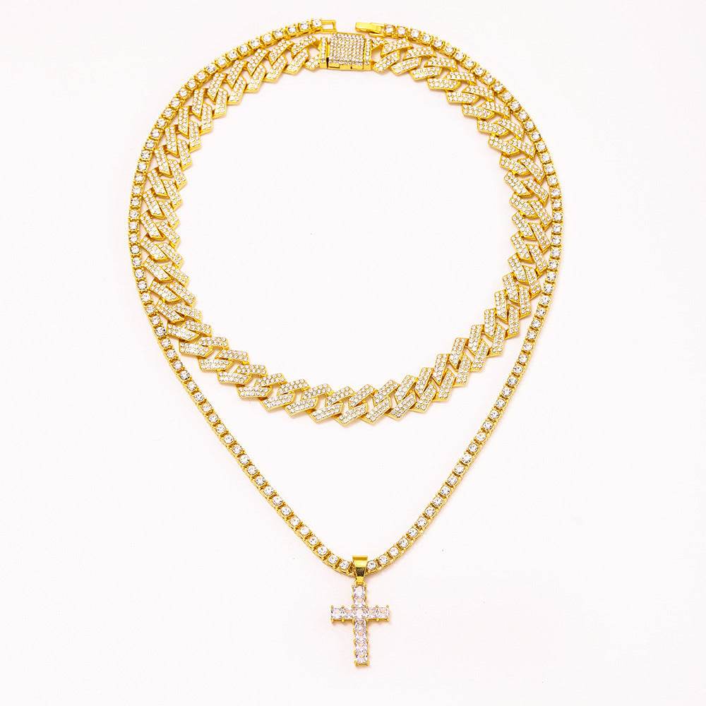 Zircon Cross Pendant Necklace Hip Hop Full Miami Curb Cuban Chain Iced Out Paved Rhinestones Bling Rapper Necklaces For Men Men's And Women's Clavicle Chain Jewelry - Velora