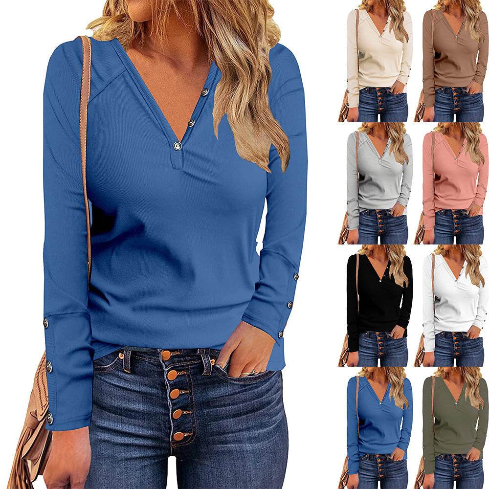 Button V-neck Versatile Long-sleeved T-shirt - Velora