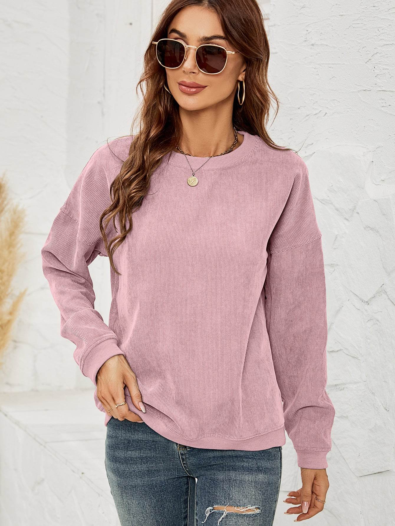 Corduroy Pullover Sweatshirt Casual Fashion Solid Round Neck Long-sleeved Tops Spring And Autumn Clothing For Women - Velora