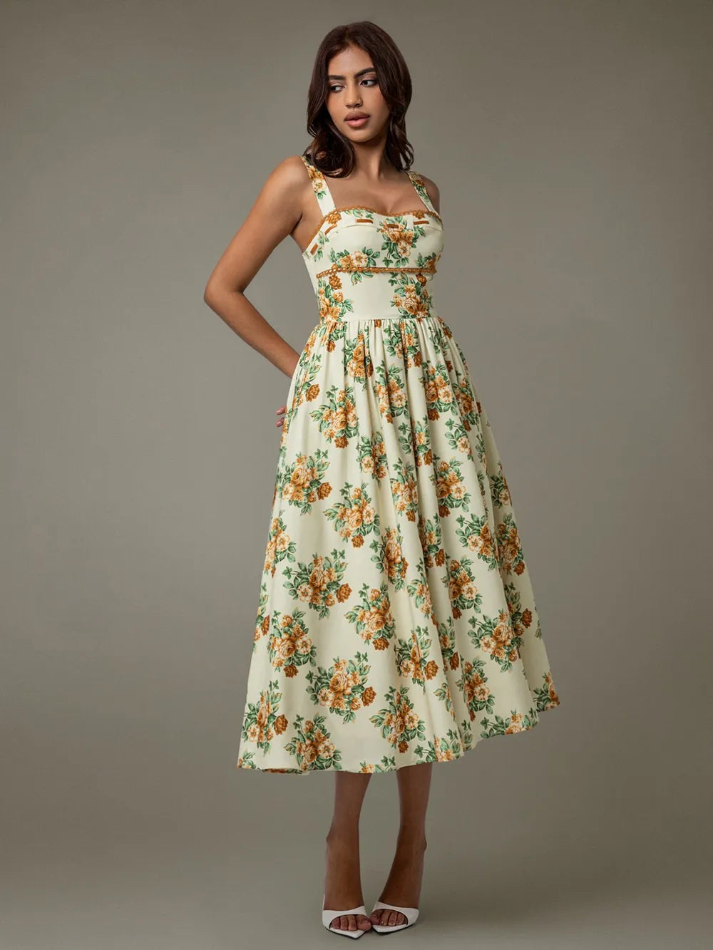Lace Trim Floral Sleeveless Midi Dress - Velora