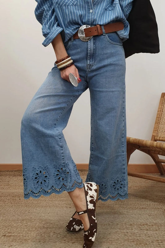 Lace Detail Cropped Wide Leg Jeans - Velora