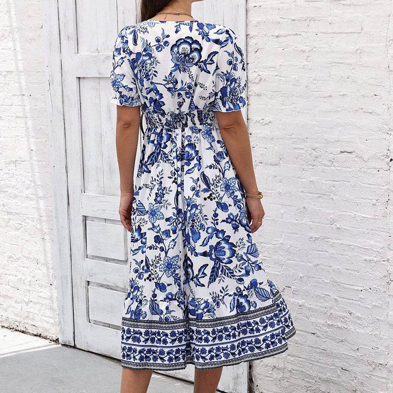 Puff Sleeve dress V Neck Blue Floral Bohemian Midi Dress - Velora