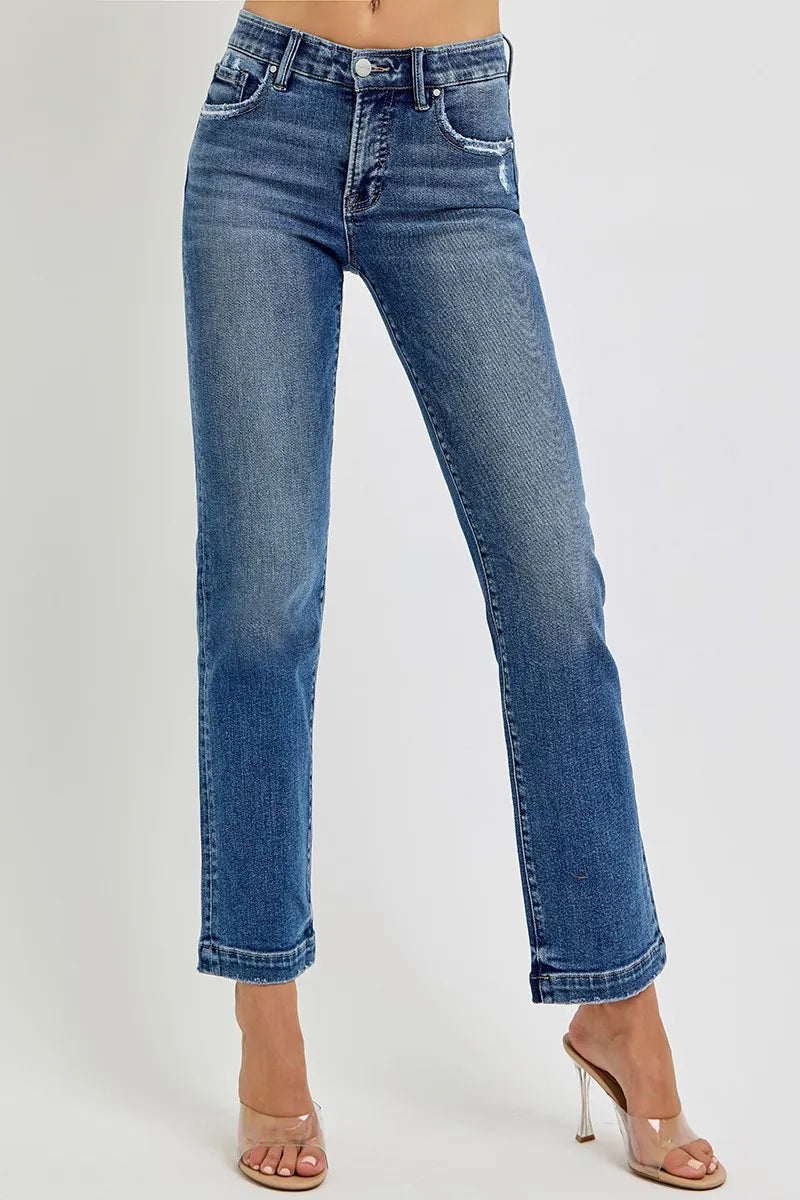 RISEN Full Size Tummy Control Elastic Band Mid Rise Straight Jeans Plus Size - Velora
