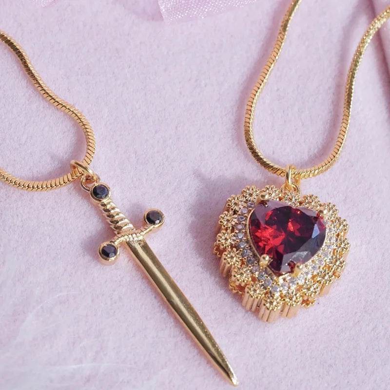 Gothic Punk One Arrow Through The Heart Creative Two Color Couple Necklace Red Rhinestone Heart Dagger Necklace Good Friend Gift Fashion Jewelry - Velora