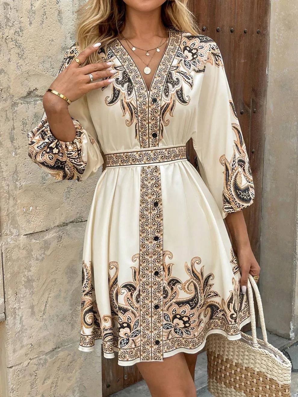 Paisley V-Neck 3/4 Sleeve Mini Dress - Velora