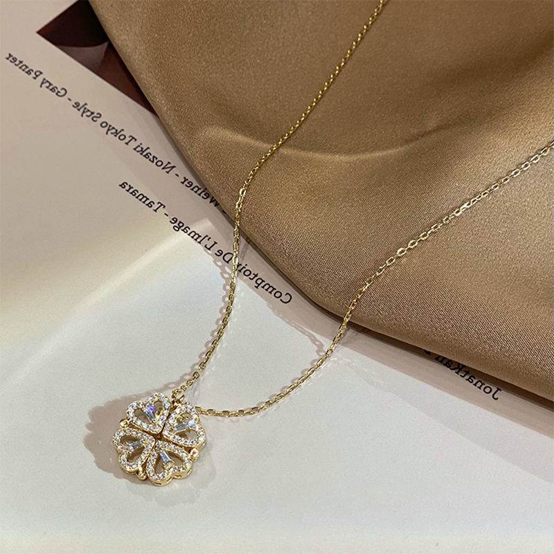 Retro Magnetic Folding Heart Shaped Four Leaf Clover Pendant Necklace Women Love Clavicle Chain Gifts Openable Choker Jewelry - Velora