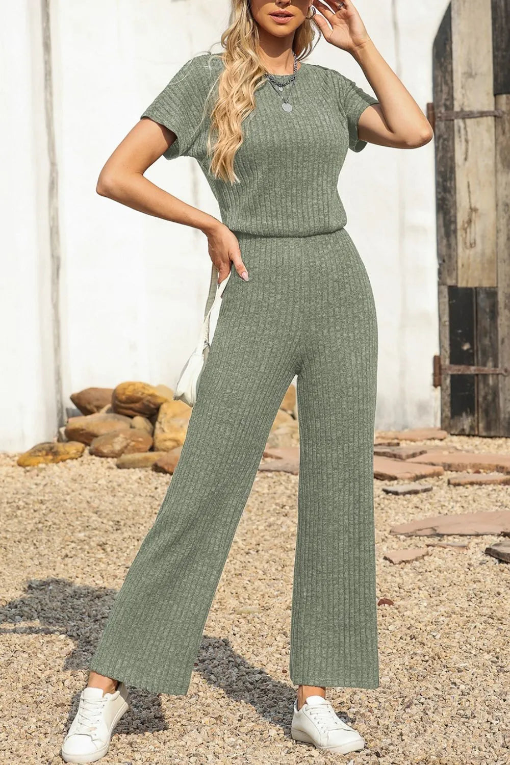 Ribbed Short Sleeve Wide Leg Jumpsuit - Velora