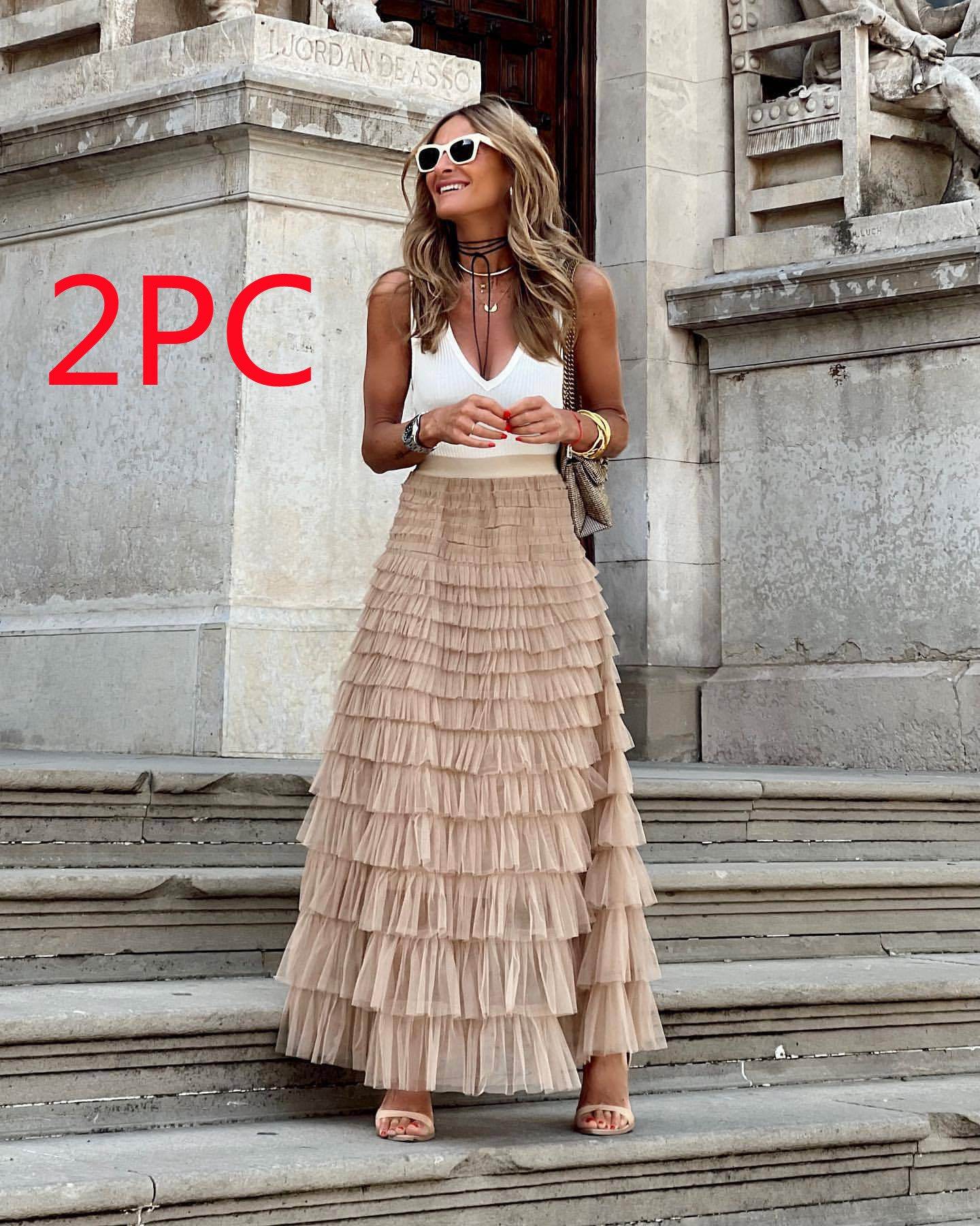 Layered Ruffles Cake Skirt Summer Fashion A Line Swing Mesh Long Skirt Party Dress Women - Velora
