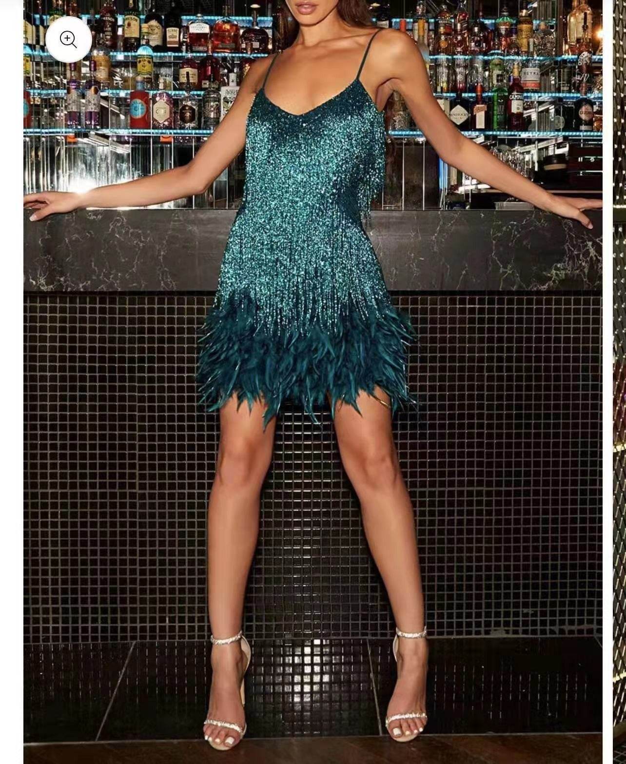 Sexy Tassel Sequins Feather Summer Mini Dress Women V Neck Spaghetti Strap Stitching Dresses Female Elegant Evening Party Club Dress - Velora