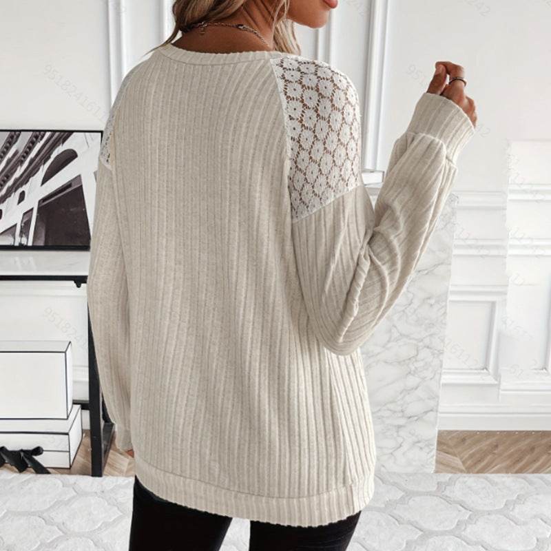 Comfort And Casual Lace Stitching Solid Color Pullover Long Sleeve Top - Velora