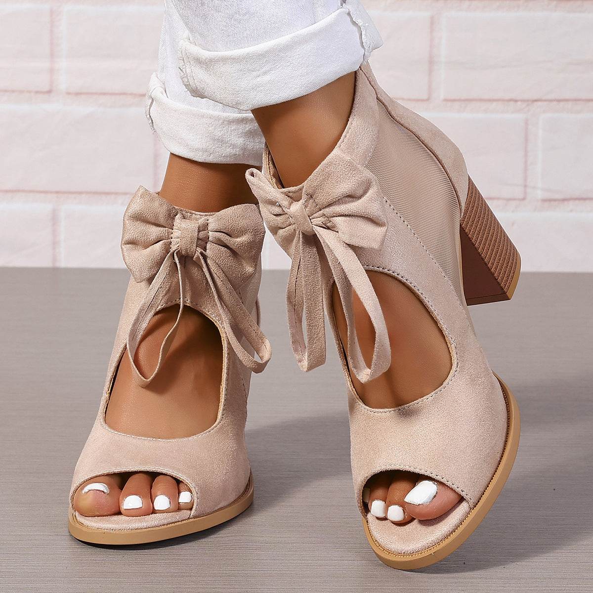 Platform Chunky High Heels Women's Sandals Bow Decoration Open Toe Block Ankle Strap Sandals For Dress Bridal Party Shoes - Velora