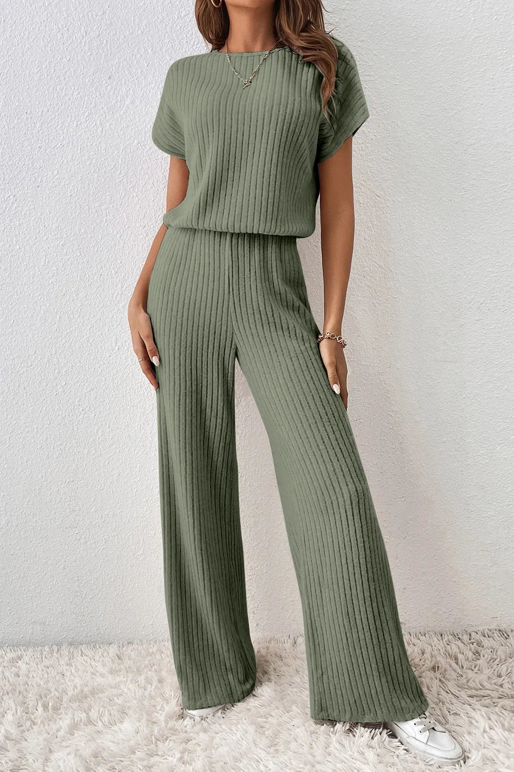 Ribbed Short Sleeve Wide Leg Jumpsuit - Velora