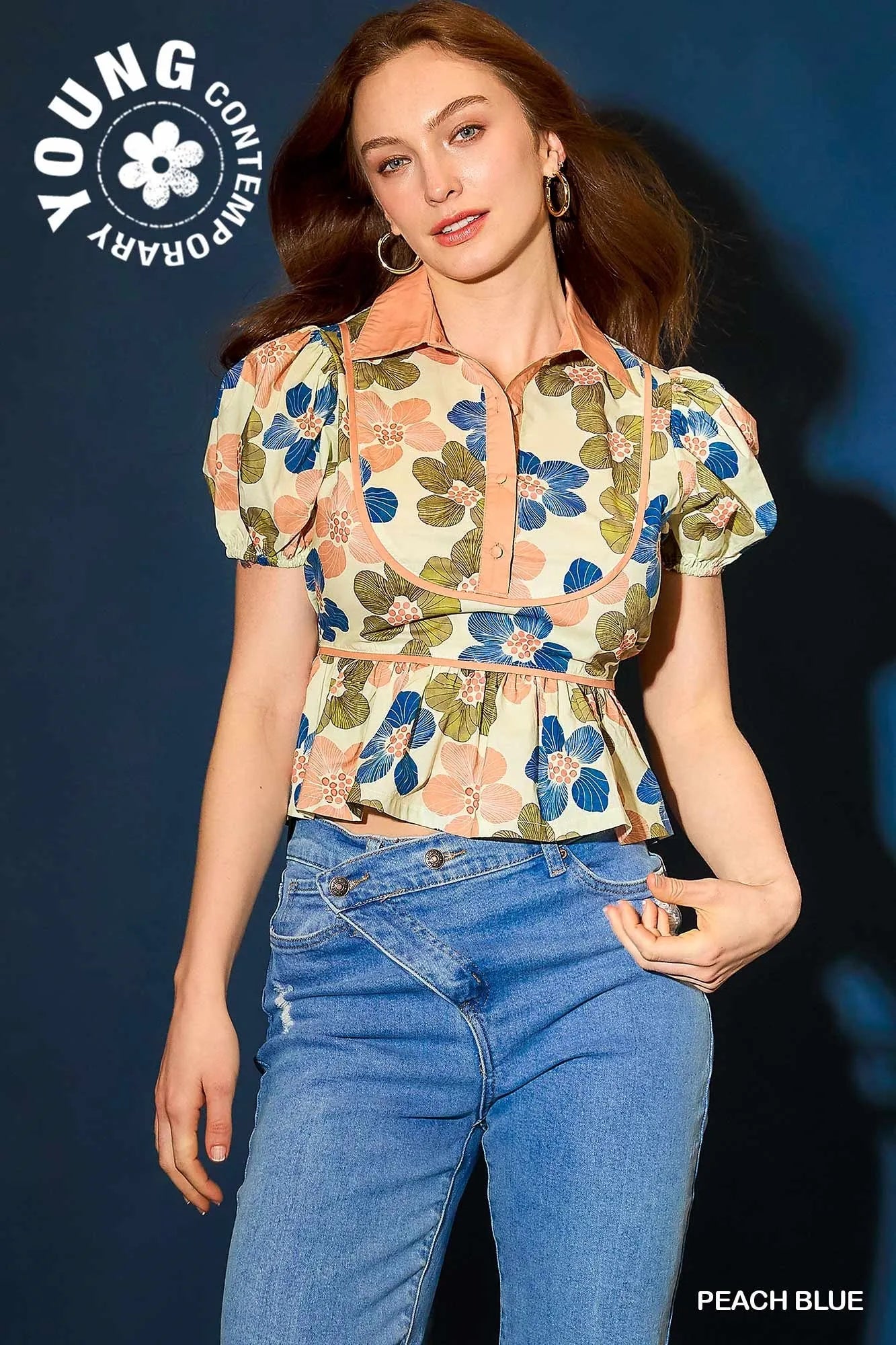 Umgee Floral Print Puff Sleeve Cropped Blouse - Velora