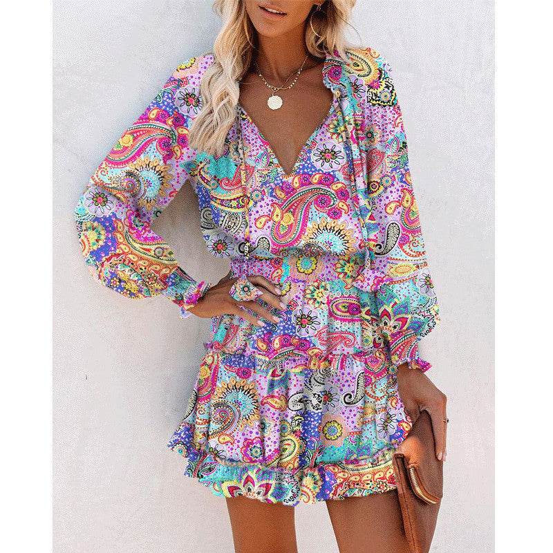 Flowers Print Long Sleeve Dress Fashion Patchwork Puff Sleeve Waist Dresses Womens Clothing - Velora