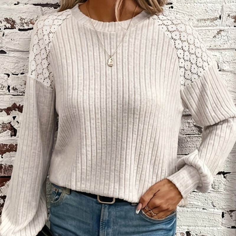 Comfort And Casual Lace Stitching Solid Color Pullover Long Sleeve Top - Velora