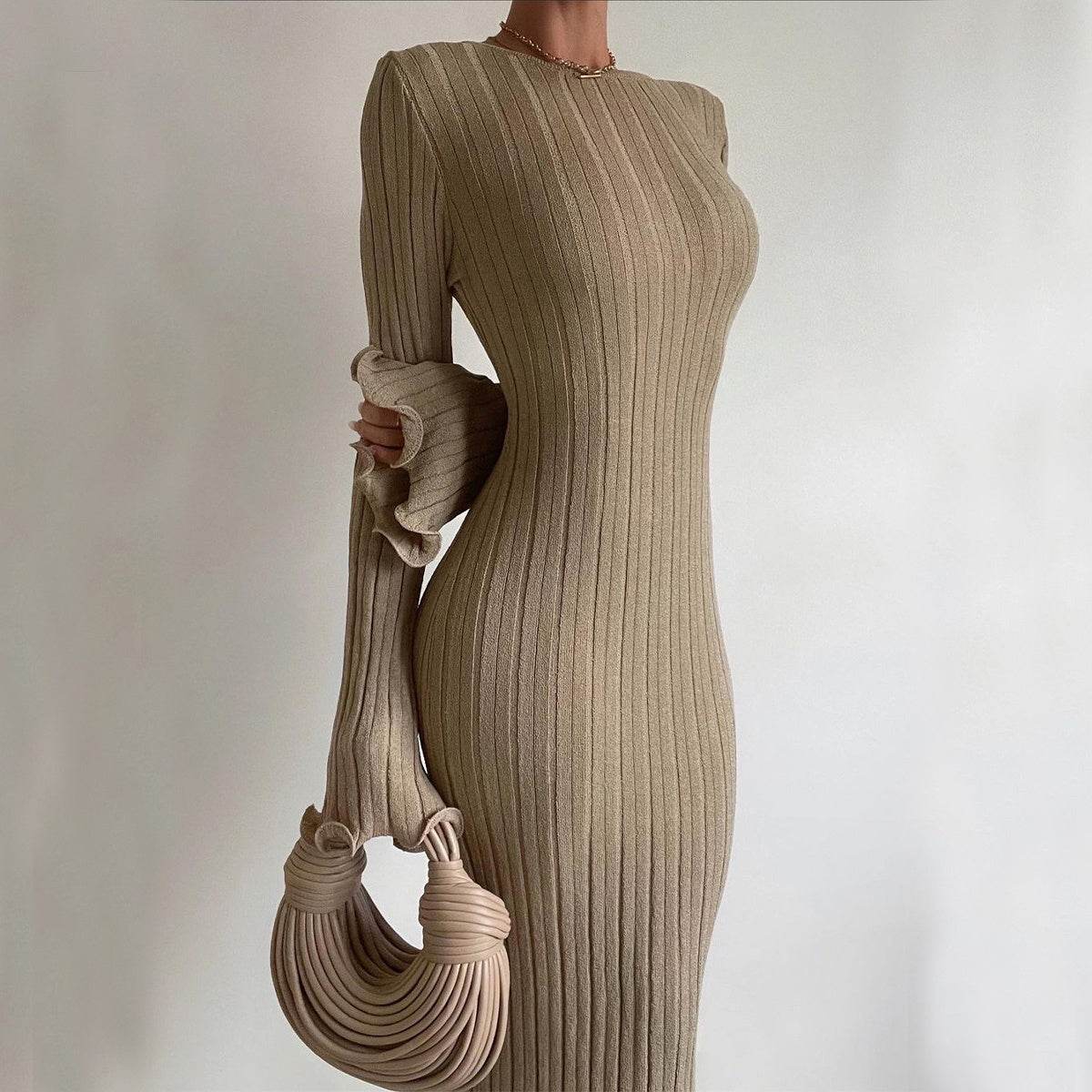Fashion Slim Long-sleeved Ruffled Long Dress Sexy Hip-wrapped Back-less Knitted Maxi Dresses For Party Beach Womens Clothing - Velora