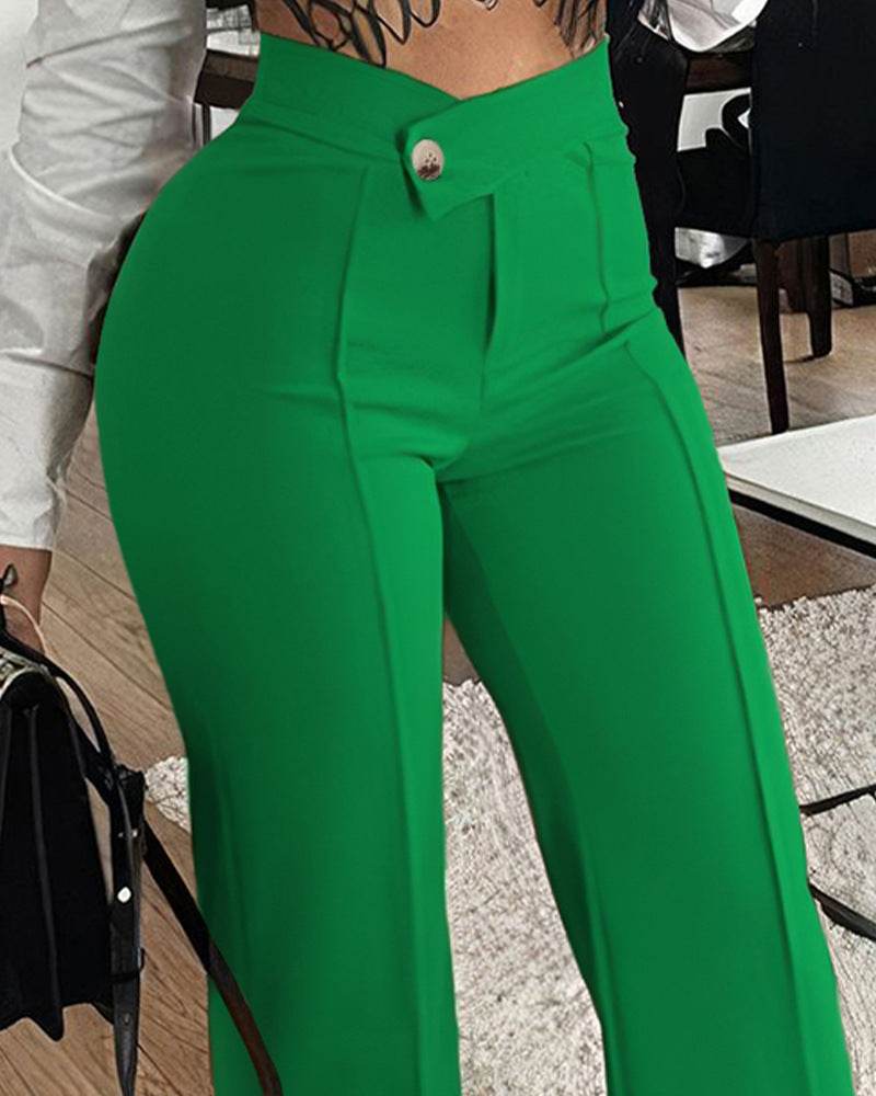 Slim Straight-leg Pants With Buckle Fashion Solid Color Trousers For Womens Clothing - Velora