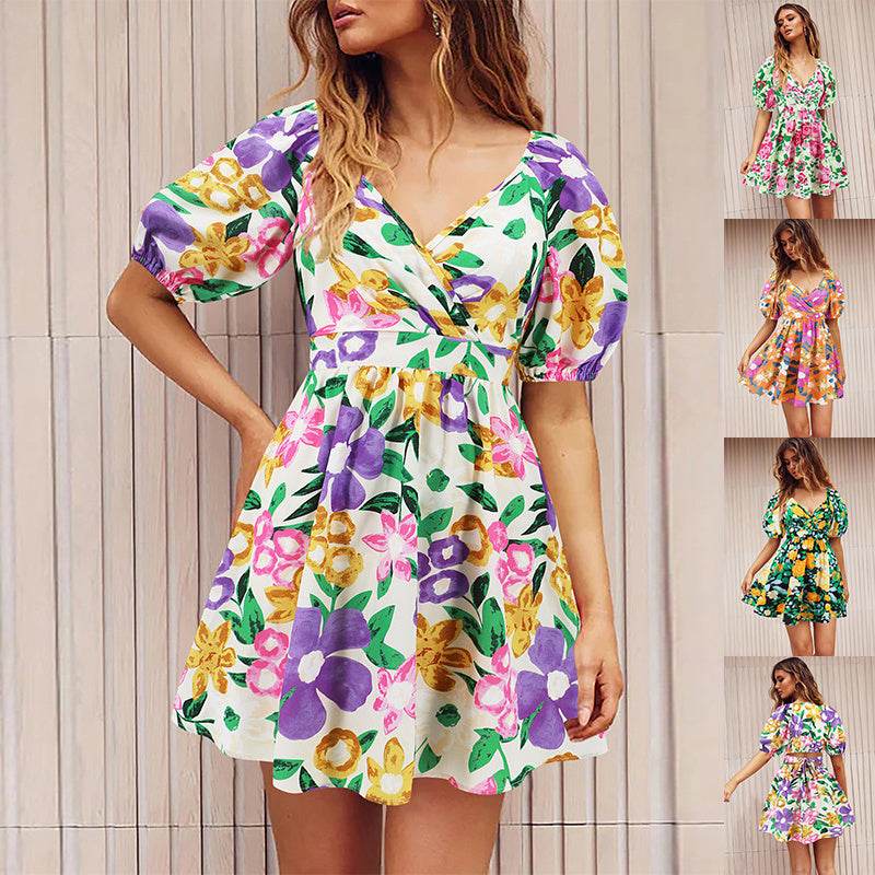 Flowers Print V-Neck Lantern-sleeve Dress Y2K Summer Vacation Beach Short Dresses Fashion Womens Clothing - Velora