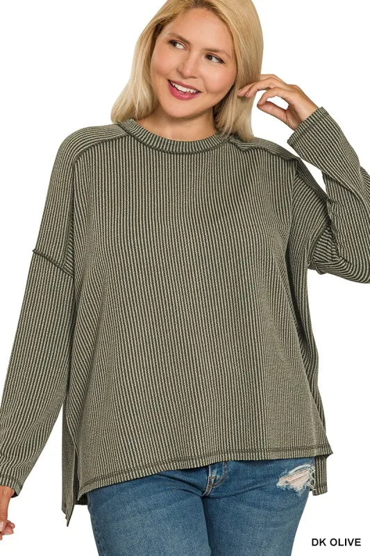 Zenana Full Size Exposed Seam Long Sleeve Corded Rib Knit Top Plus Size - Velora