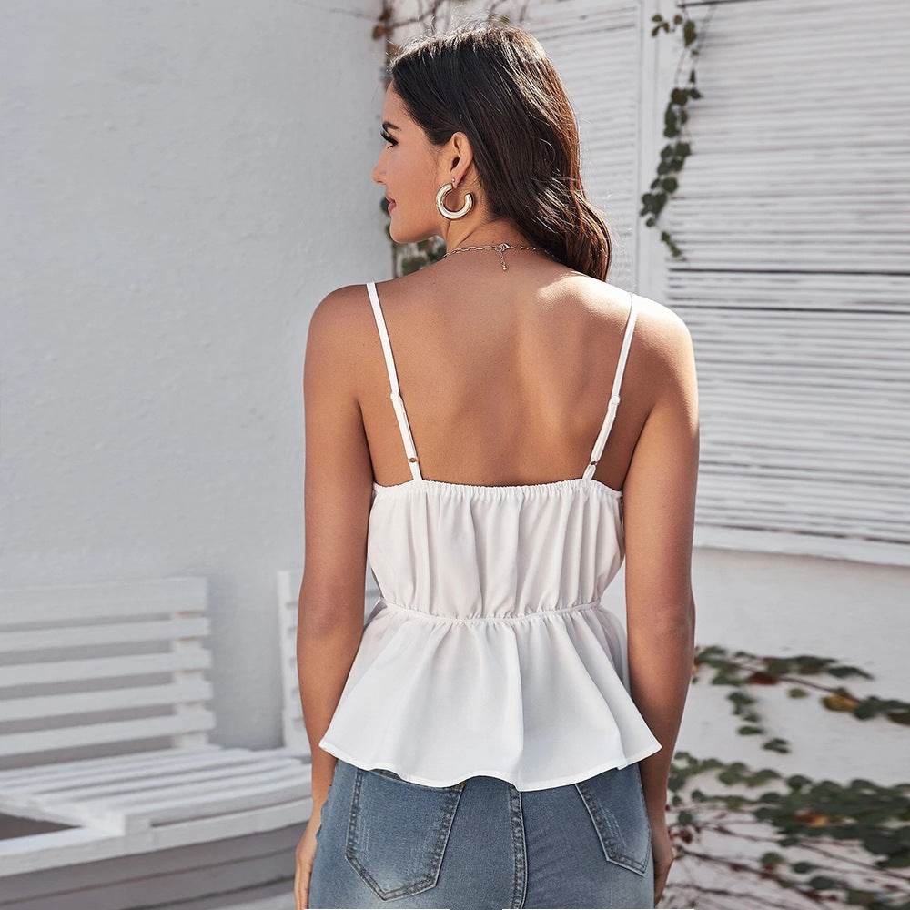 Women's Solid Color Ruffled Sexy Sling Top - Velora