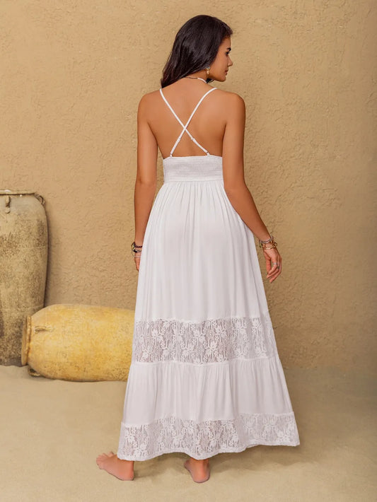 Lace Detail Crochet Tiered Maxi Cami Dress - Velora