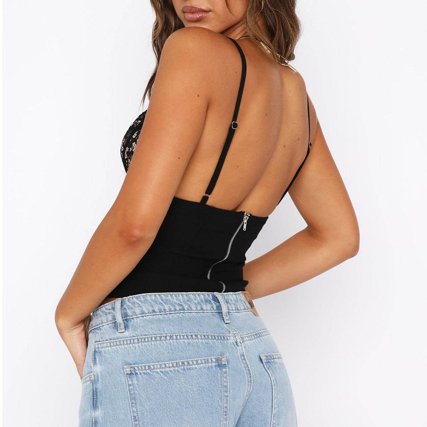 Women's V-neck Camisole Lace Vest With Back Zipper Design Summer Slim Sleeveless Tops - Velora