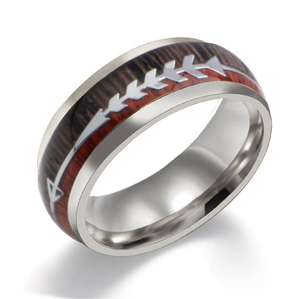 Stainless Steel Wood Grain Arrow Inlaid Ring - Velora