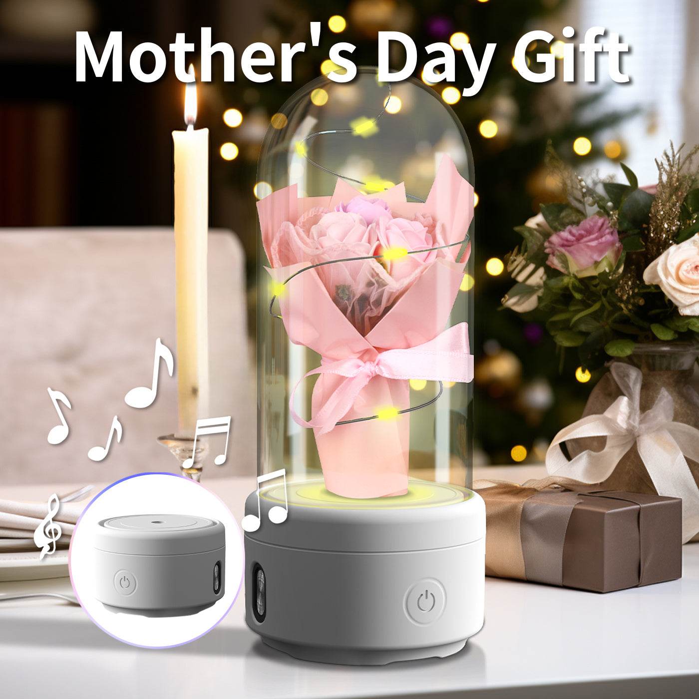 Creative 2 In 1 Bouquet LED Light And Bluetooth-compatible Speaker Mother's Day Gift Rose Luminous Night Light Ornament In Glass Cover - Velora
