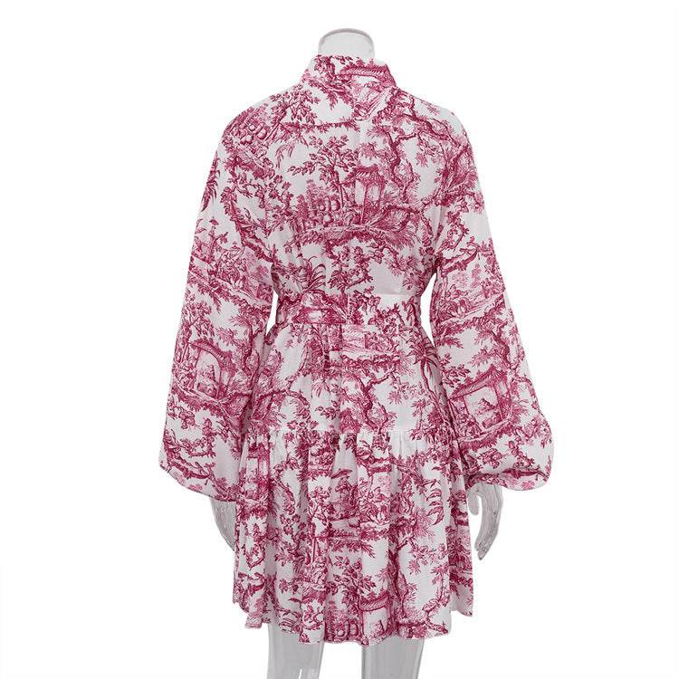 Ink Print Long Sleeve Short Dress With Fashion Puffy Sleeve Lapel Tie A-Line Dress Clothing - Velora