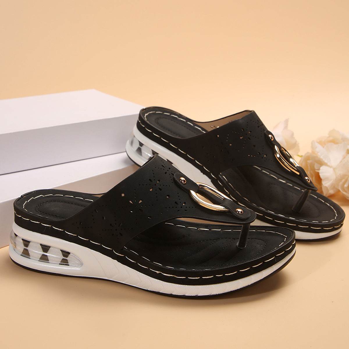 New Air Cushion Thong Sandals Summer Flip Flops Hollow Metal Buckle Wedges Shoes For Women Thick Sole Beach Shoes - Velora