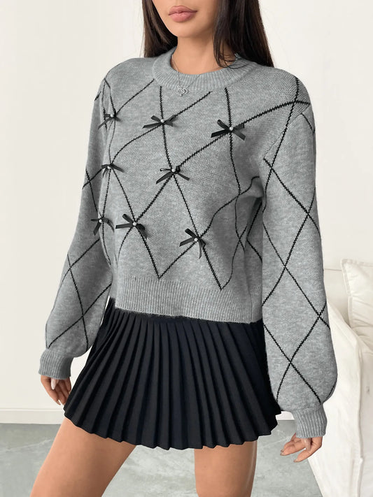 Diamond Pattern Bow Detail Sweater - Velora