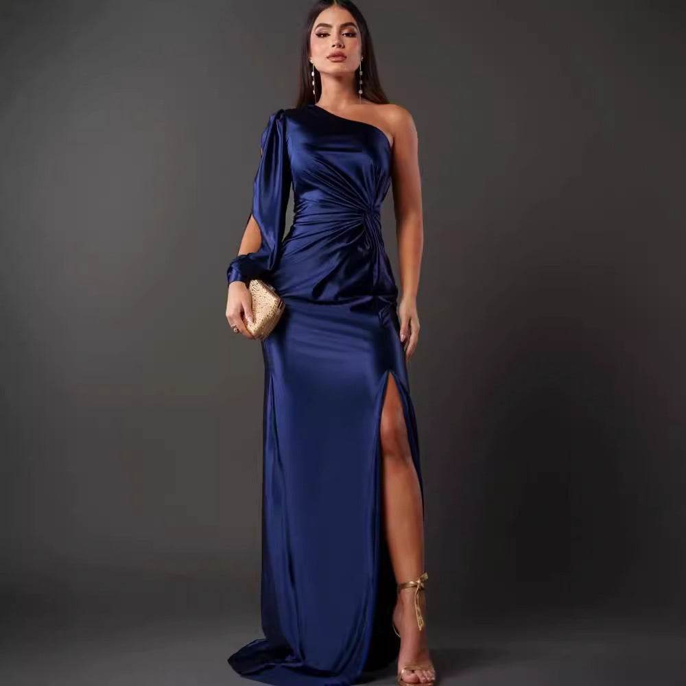 Women's One-shoulder Split Dress Ins Fashion Long-sleeved Slim Long Dresses Party Evening Clothing - Velora
