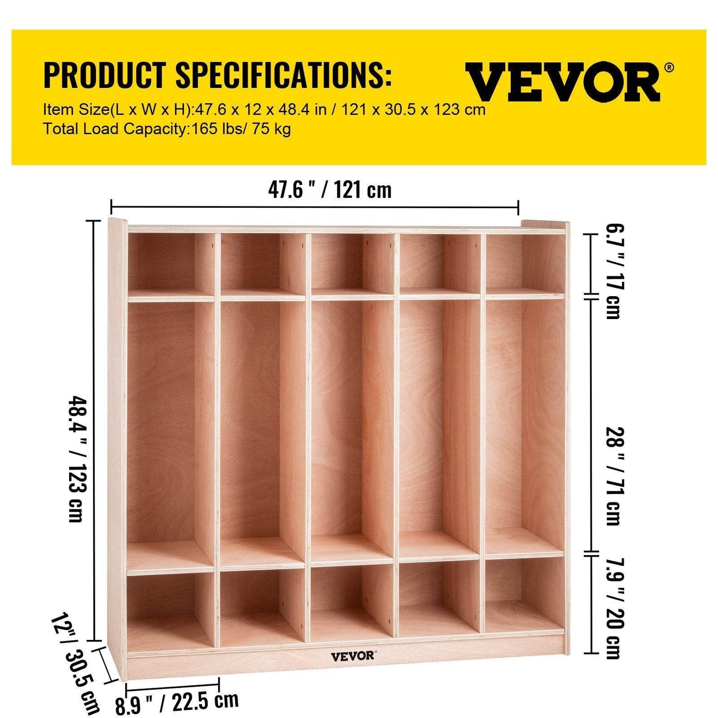 Preschool Cubby Lockers 5-Section Plywood Birch Coat Locker 15MM Thickness Kids Locker For Home 48.4 Inch High Durable Classroom Lockers For Toddlers And Kids Commercial Or Personal Use - Velora