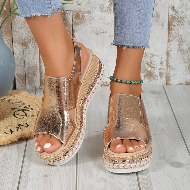 Summer Shiny Sandals Hollow Design Fish Mouth Sandal For Women Fashion Buckle Wedges Shoes - Velora