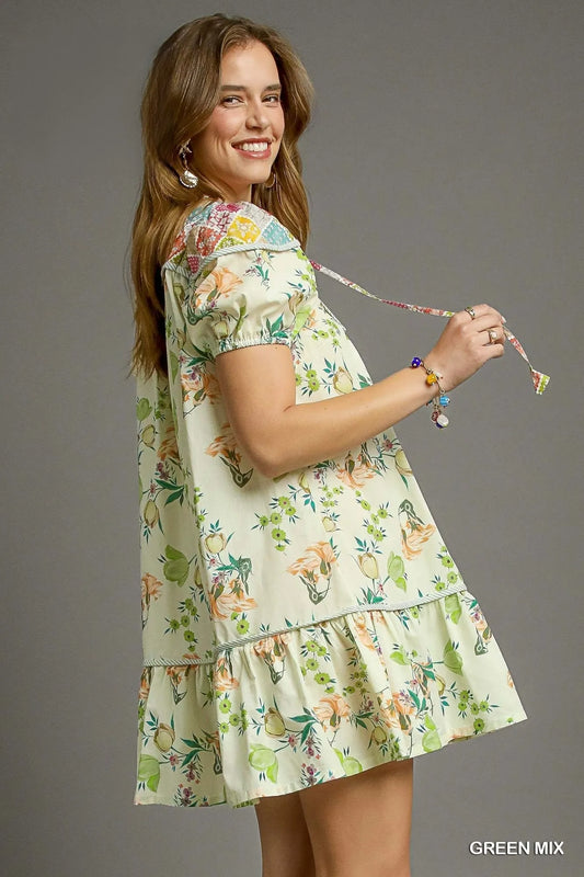 Umgee Floral Print Tie Neck Puff Sleeve Dress - Velora