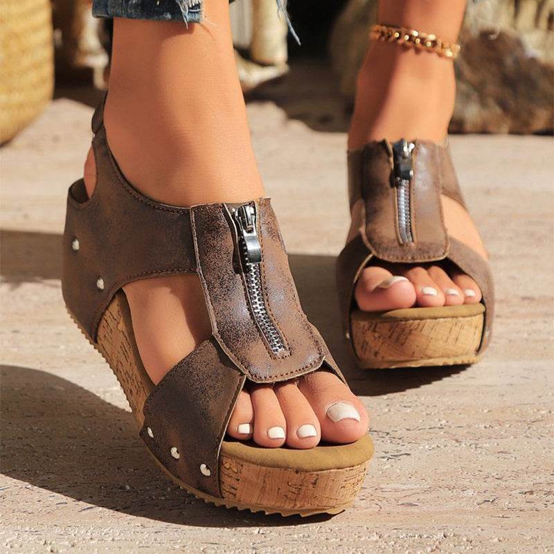 Summer Zipper Wedges Sandals Women's Lightweight Height Increasing Shoes Fashion Casual Sandals - Velora